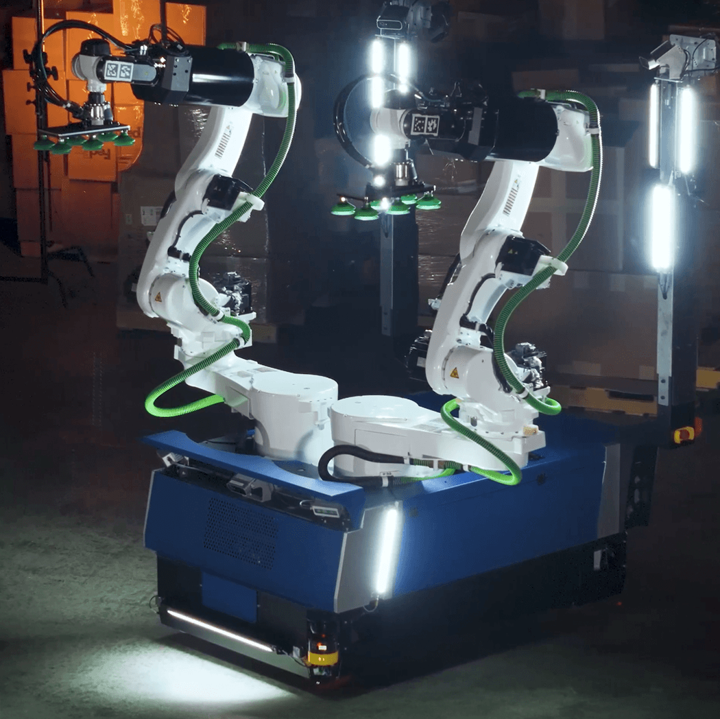 Dexterity’s Mech, an industrial superhumanoid robot, at work in a warehouse.