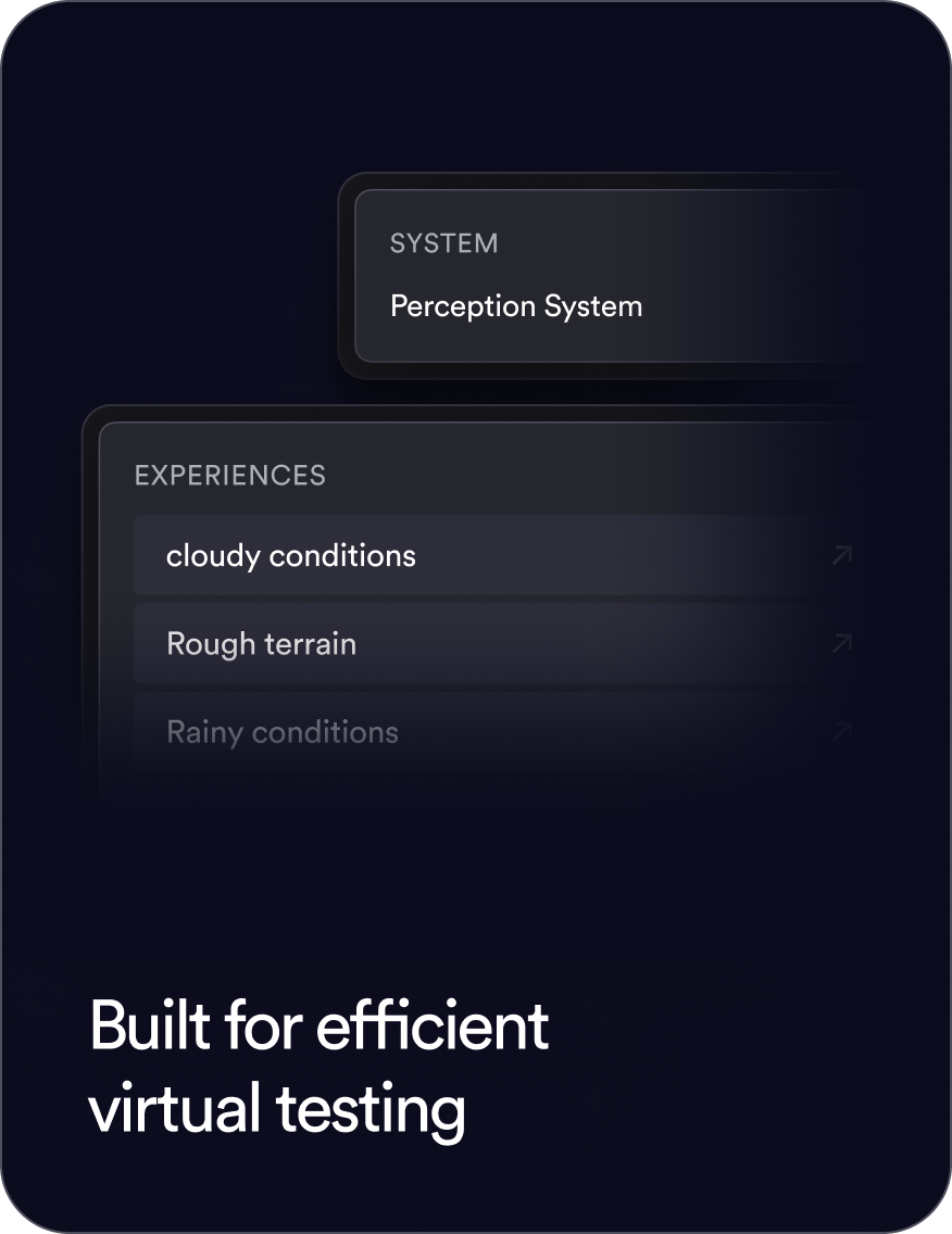 A perception system with a list of experiences: cloudy conditions, rough terrain, rainy conditions.