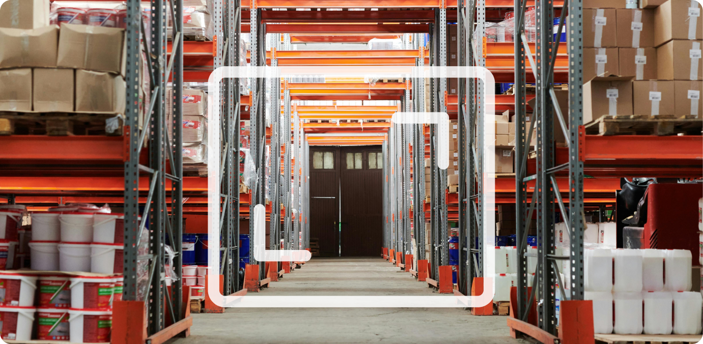 A photo of a warehouse with a viewfinder overlaid.